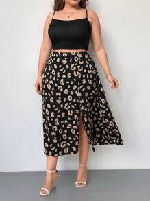 SHEIN Privé Plus Leopard Print Split Thigh Skirt - Black - View 3