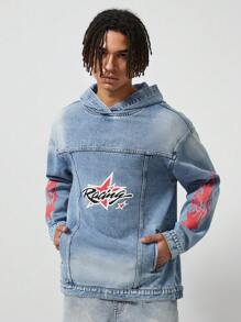 ROMWE MEN Street Life Men's Letter & Pentagram Printed Loose Denim Hoodie Jacket, Street Style For Autumn - Blue - View 2