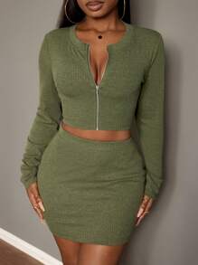 Slaydiva 2 件套女式纯色拉链夹克和裙子休闲套装