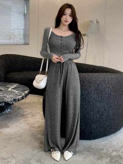 Joudiya 女士休闲纯色长袖上衣和阔腿裤两件套，秋季女士家居服套装