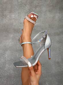 CUCCOO SZL 女士尖头水晶装饰踝带高跟凉鞋，时尚细高跟鞋，适合约会之夜和夜间外出，打造时尚造型 - 銀色 - 查看 5