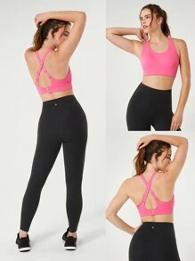 GLOWMODE Sweat-Wicking Supportive X-Strap U Neck Back Buckle Perforated Sports Bra High Impact Jogging Gym Training Daily - Pink - View 10