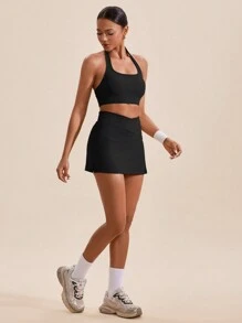 VARSITIE Solid Color Halter-Neck Casual Top And Bottom Women Sports Sets - Black - View 4