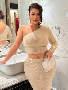 SHEIN SXY Blusa de manga larga de un solo hombro en color champán con decoración de malla y cristales, para fiestas y año nuevo, tallas grandes para mujeres