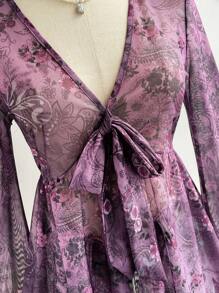 Soleia 节日季女式复古印花V领系带蝴蝶结喇叭袖不对称下摆上衣，秋冬女装，感恩节女装，圣诞节女装 - 紫色 - 查看 6