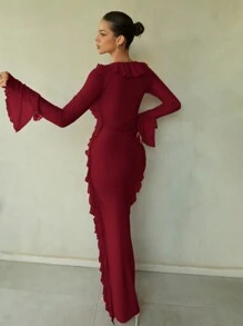 SHEIN BAE 1 件女式纯红色深 V 领荷叶边长袖连衣裙，优雅性感，适合秋冬季打底裙、鸡尾酒会、浪漫约会、正式聚会、伴娘礼服、夜间外出、万圣节、圣诞节 - 酒紅色 - 查看 2