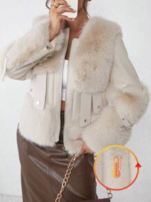 SHEIN Essnce Women Fashion Fuzzy Patchwork Fluffy Jacket For Autumn/Winter Warm Heated Thermal Jacket Cold Weather Snow Women Outfits Holiday - Apricot - View 1