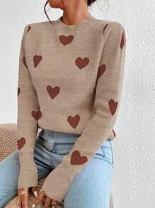 Chiquease 情人节爱心图案圆领休闲长袖女式毛衣，秋冬针织套头衫 - 駝色 - 查看 6