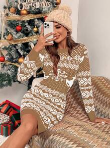 Chiquease 女士圣诞合身针织毛衣裙 - 棕色 - 查看 6