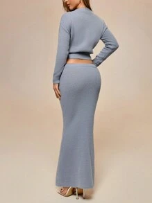 Glamine 2件套：宽松纯色圆领刺绣开衫和优雅长裙，新年女装，冬季衬衫，短款夹克，短款开衫 - 灰色 - 查看 2