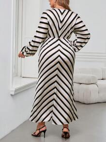 SHEIN Clasi Herbst/Winter schwarz & rosa gestreiftes Kleid mit Trompetenärmeln und Taille, elegant und schick, in Große Größen