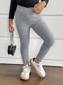 SHEIN Leap Crew Young Girls V-Neck Rib-Knit  Lined Leggings - Grey - View 6