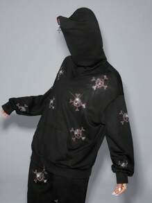 SHEIN EZwear 1 件女式休闲骷髅图案前拉链长袖运动衫 - 黑色 - 查看 4