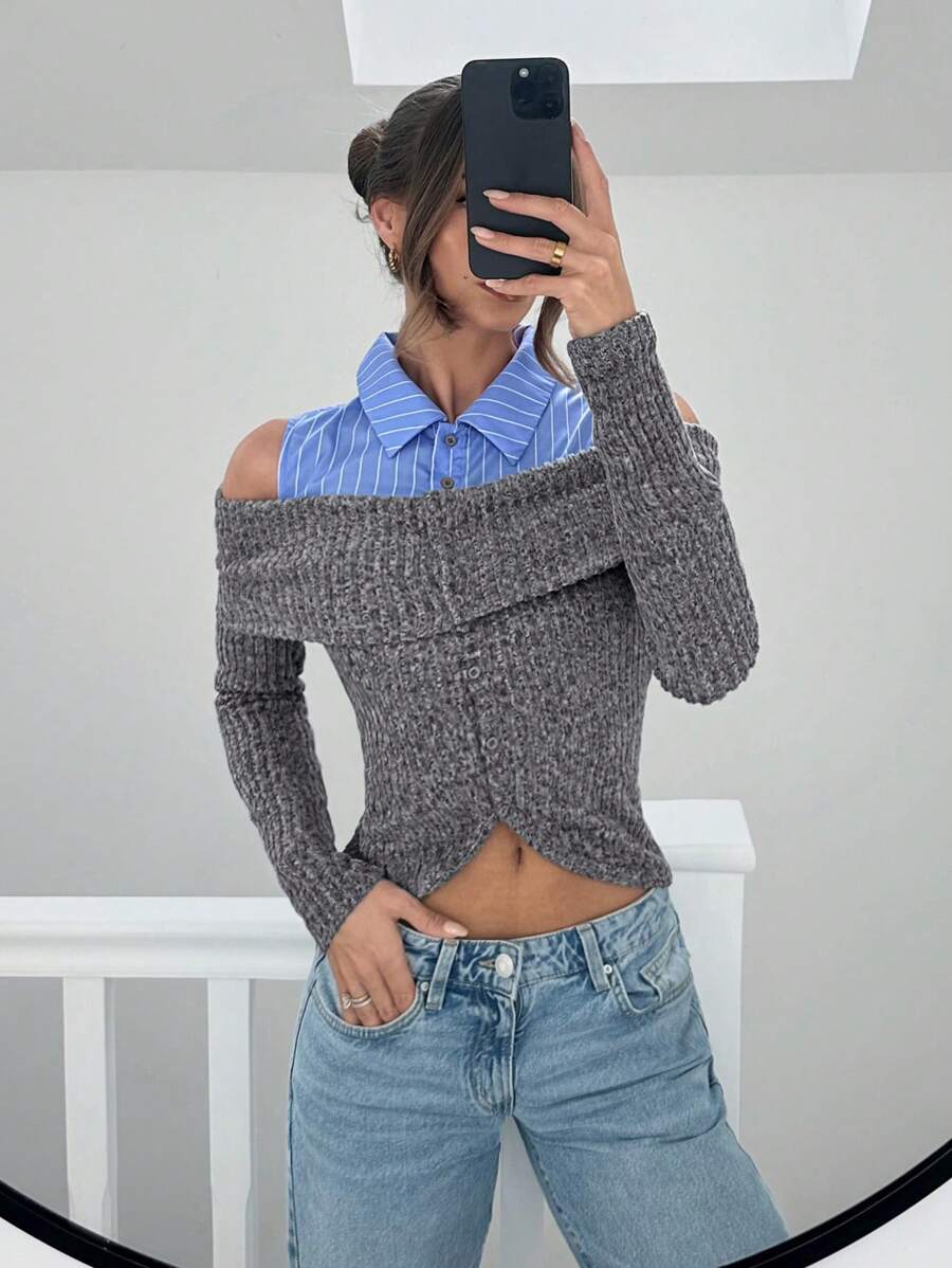 SHEIN Essnce 女式休闲撞色露肩长袖条纹衬衫,春季和秋季 - 彩色 - 查看 1