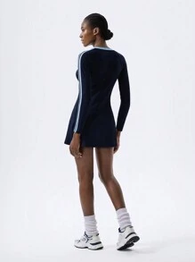 VARSIVA Simple And Fashionable Retro Contrast Color V-Neck & Striped Long-Sleeved Ladies Short Dress - Navy Blue - View 2