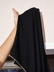 Slaydiva Ladies' Fashionable Elegant Pearl Decor Flared Sleeve Open Slit Mini Dress - Black - View 6