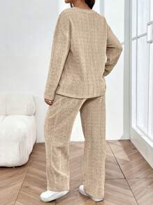 SHEIN Maternity 2pcs Set, V-Neck Long Sleeve T-Shirt & Elastic Waist Straight Pants, Casual Nursing Outfit - Apricot - View 2