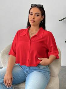 Comfortcana 情人节，大码女式纯色单排扣休闲短款衬衫，秋季 - 紅色 - 查看 4