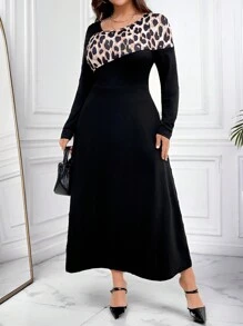 SHEIN Clasi Plus Size Women's Asymmetric Hemline Leopard Print Dress - Black - View 5