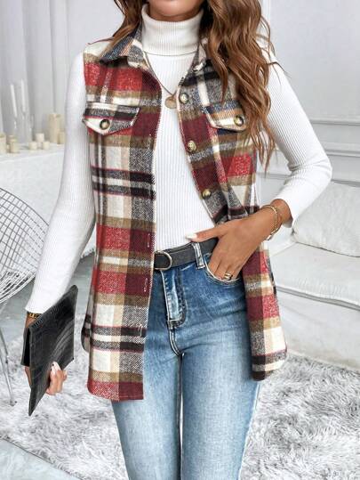 EMERY ROSE Plaid Collar Vest Jacket, Minimalist & Casual For Daily Wear'