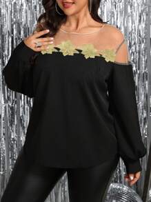SHEIN Clasi Plus Size Women Black Woven Mesh Contrast Lace Trim Long Sleeve Elegant Blouse, Suitable For Christmas, Halloween Party, Autumn/Winter
