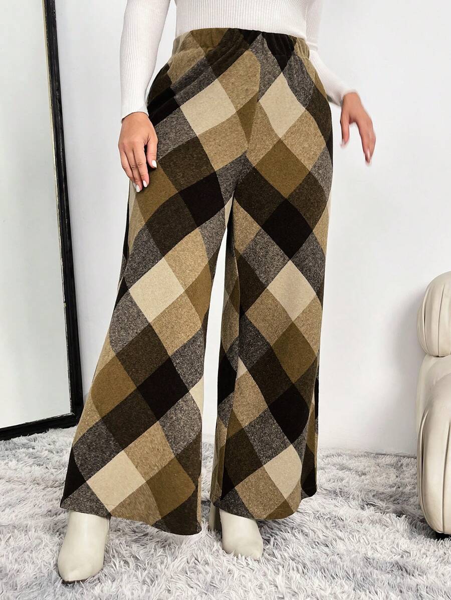 SHEIN LUNE Plus Size Women Plaid Straight Leg Pants Fall Cloth For Women - Multicolor - View 1
