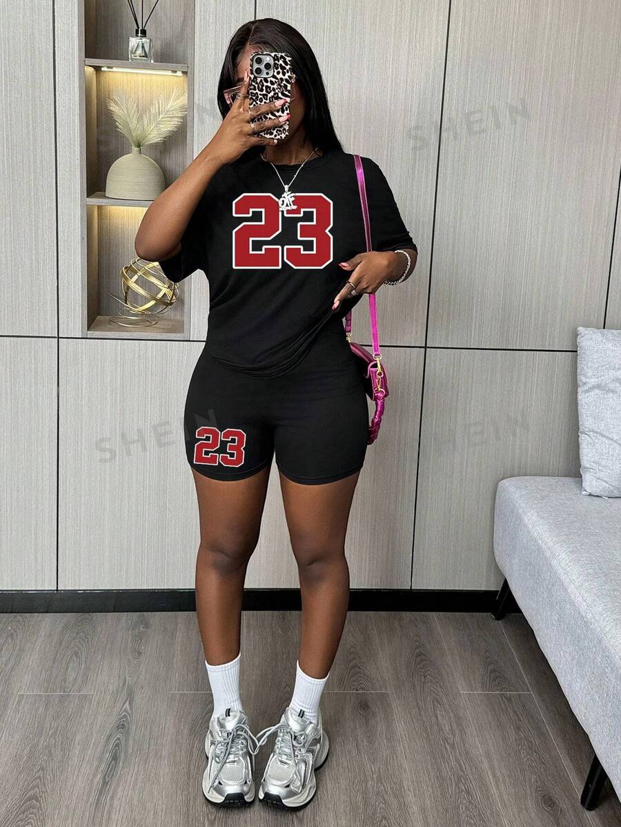 Maweii Conjunto De Camiseta Y Pantalones Cortos Con Estampado Digital Y Cuello Redondo Para Mujer De Talla Grande