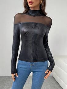 SHEIN Privé 女士优雅浪漫时尚通勤性感修身黑色 PU 皮革拼接 T 恤，秋冬 - 黑色 - 查看 3