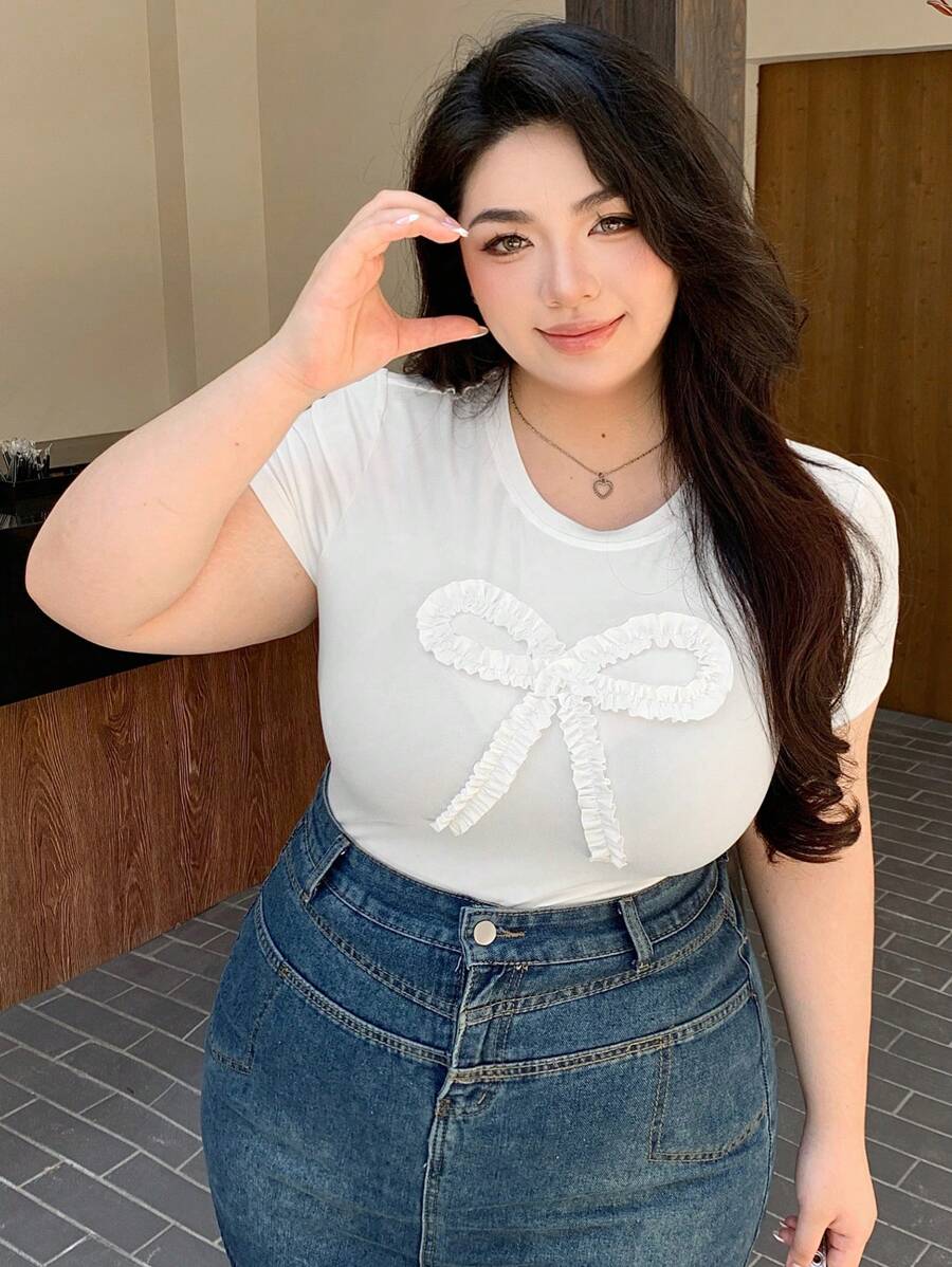 Dazy Plus Plus Size Bow Accent Fitted Short Sleeve Round Neck Crop Top, White, Spring/Summer Preppy Tops - White - View 1