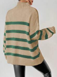 SHEIN LUNE Striped Pattern Stand Collar Casual All-Match Long Sleeve Pullover Sweater Knit Pullover Fall Winter - Brown - View 7