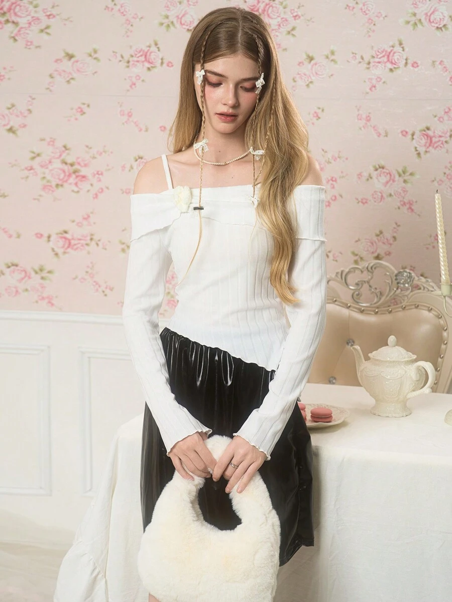 2 Stücke/Set für Teenager Mädchen, modisch lässig elegantes Off-Shoulder Blumen Dekor Asymmetrisches Saum Langarm T-Shirt und Kunstleder A-Linien Rock, perfekt für Partys - Verschiedenfarbig - Übersicht 1