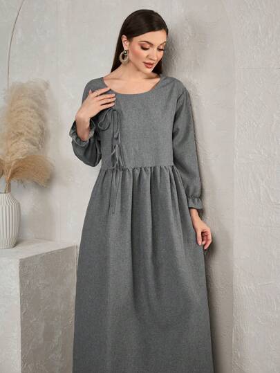 Al Najma 女士宽松褶皱抽绳长袖连衣裙，朴素休闲 A 字型阿拉伯连衣裙，适合日常休闲