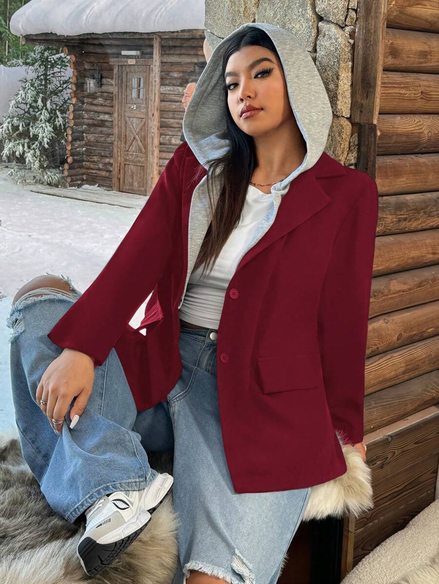 SHEIN EZwear Blazer con capucha casual y retro de talla grande, para otoño/invierno - Burdeos - Ver 1