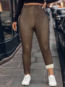 SHEIN LUNE Plus Size Autumn/Winter Casual Double Layer Thermal Lined Leggings Fall Cloth For Women - Black - View 5