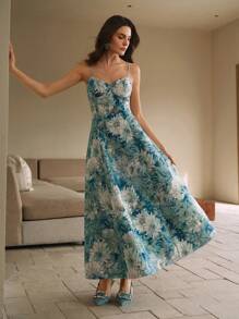 Anewsta Women's Painting Style A-Line Strap Party Dress, New Arrivals