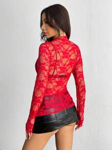 EgrlEra Women's Semi-Sheer Lace Long Sleeve Top For New Year Clothes Fall Cloth For Women