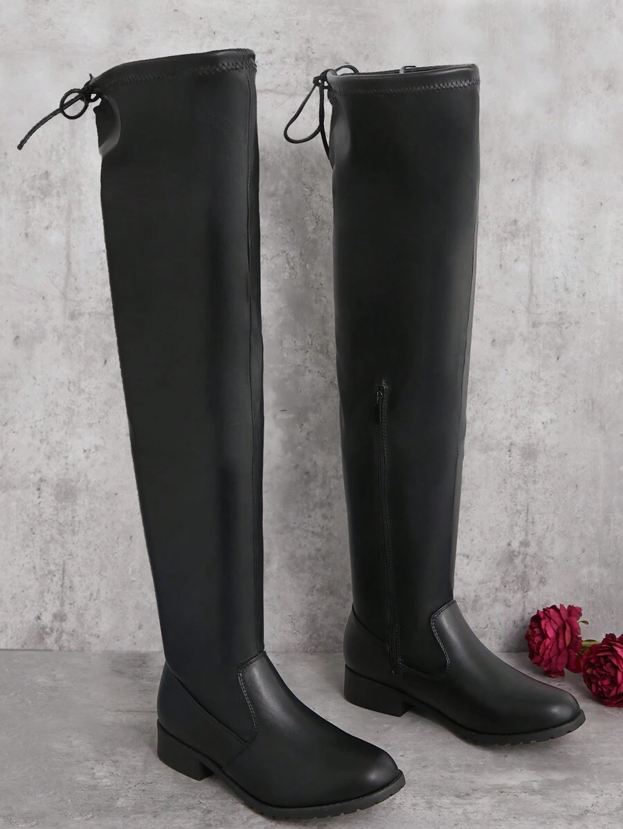SHUZIA Bestseller Women's Black Stretch Pu Over-The-Knee Boots – Sleek, Comfortable Fit With Stylish Tie Back Detail - Black - View 1