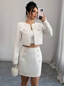 Calvaya Set de 2 piezas de chaqueta de manga larga y falda midi a cuadros de tweed para mujer, conjunto elegante para otoño/invierno