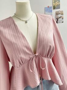 Soleia Plus Size V-Neck White Textured Long Sleeve Ruffled Trim Shirt, Vacation & Back To School Clothes For Fall