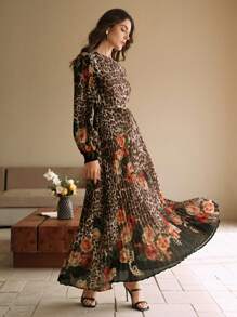 Anewsta Elegant Modern Women's Floral & Leopard Print Pleated Lantern Sleeve Dress, Suitable For New Year Eve - Black - View 6