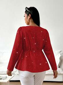 Flirla Plus Size Autumn/Winter Square Collar Textured Fabric Long Sleeve Shirt With Decorative Buttons And Peplum Hem, Elegant And Cute For Dating For New Year Clothes Peplum Top Fall Cloth For Women