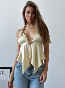 Aloruh Camiseta sin tirantes de satén con hebilla metálica decorativa, atada, de estilo de fiesta, sexy, color champán, para mujer