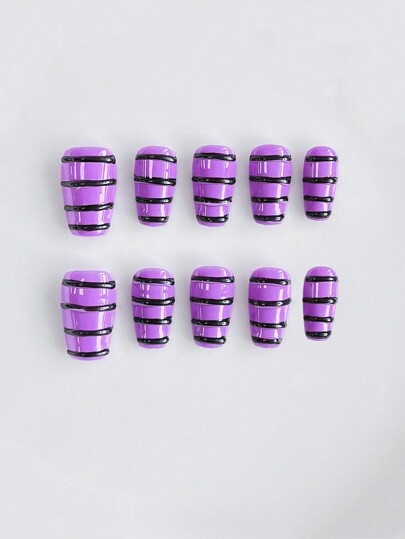 Grunge Punk 10pcs Minimalist Contrast Color Stripe Nail Stickers + 3 Sheets Double-Sided Adhesive, Y2K Detachable Striped Handmade Nail Art Sticker Sheets, High-Quality Glossy Nail Decals, Suitable For Holidays, Parties, Dance And Daily Wear