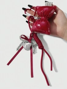 ROMWE Kawaii 1pc Y2K Cute & Stylish Versatile High-Quality Handmade CCC Beaded Silver & Burgundy Ribbon Bow Rhinestone Heart Adjustable Climbing Rope DIY Keychain, Bag Charm - Suitable For Women/Girls, Holiday Gift - Red - View 2