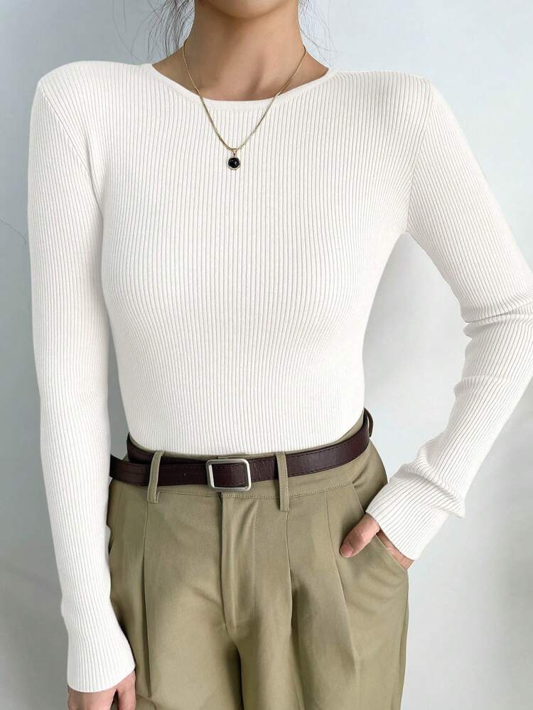 Women's Solid Color Round Neck Long Sleeve Business Casual Knitted Pullover Sweater, Autumn/Winter,Fall Women Clothes