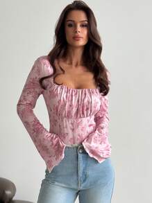 SHEIN Áo thun tay loe xếp nếp cổ bẻ vải bóng thanh lịch cho ngày lễ & kỳ nghỉ - Hồng - Xem 4