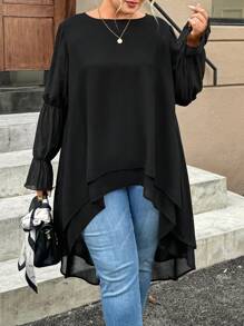 SHEIN Clasi 女士加大码高低上衣灯笼袖不对称下摆衬衫连衣裙 - 黑色 - 查看 5