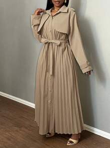 Slaydiva Damen Große Größen Eleganter Pendler-Trenchcoat mit plissierter Patchwork-Optik und langen Ärmeln, Herbst/Winter - Khaki - Übersicht 4