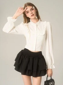 SHEIN Explorewe 青少年女孩休闲荷叶边领扣式泡泡袖衬衫，优雅时尚，非常适合秋春冬季日常穿着和上学