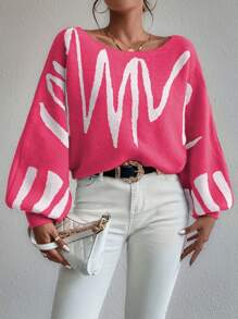 Chiquease All Over Print Boat Neck Casual Pullover Sweater Knit Pullover Fall Winter - Multicolor - View 3